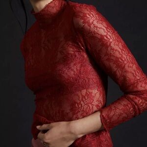 Red sheer Lace Top Anthro size M